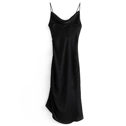Athena Cowl Neck Satin Midi Dress in Black with Side Drawstring Slit - VYEN