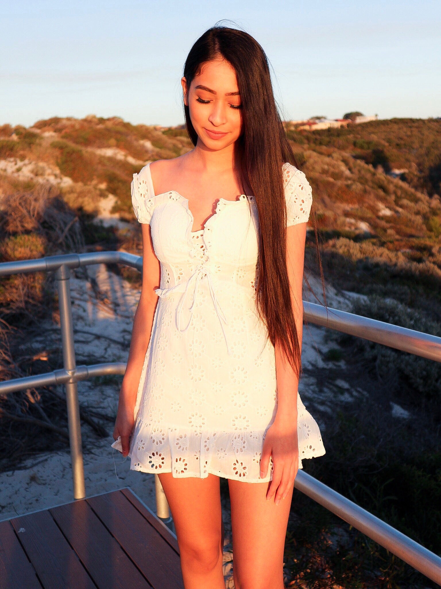 Petite Daisy Embroidery Hollow Lace Mini Dress in White - VYEN