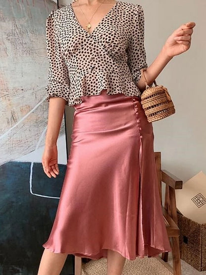 Adeline Pink Pearl Satin Midi Skirt | VYEN Women's fashion