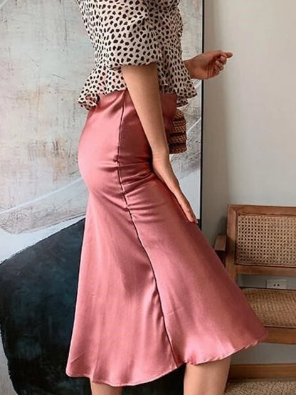 Adeline Pink Pearl Satin Midi Skirt | VYEN