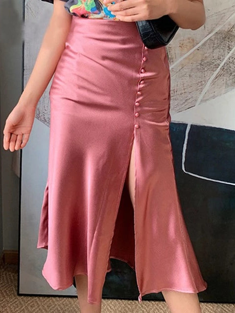 Adeline Pink Pearl Satin Midi Skirt with side buttons and slit VYEN