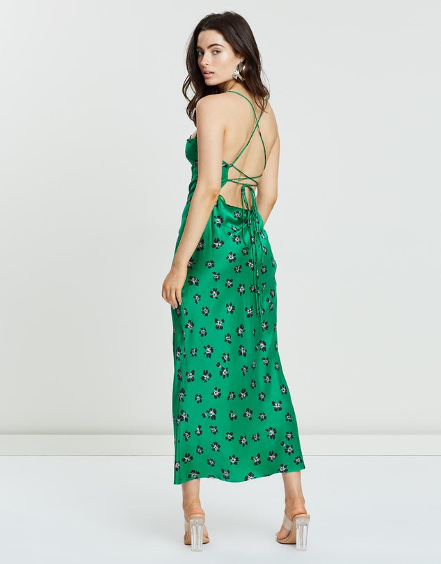 Aura Cowl Neck Floral Satin Dress in Green VYEN