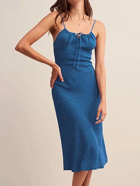 Azure Drawstring Neckline Midi Dress in Blue | VYEN
