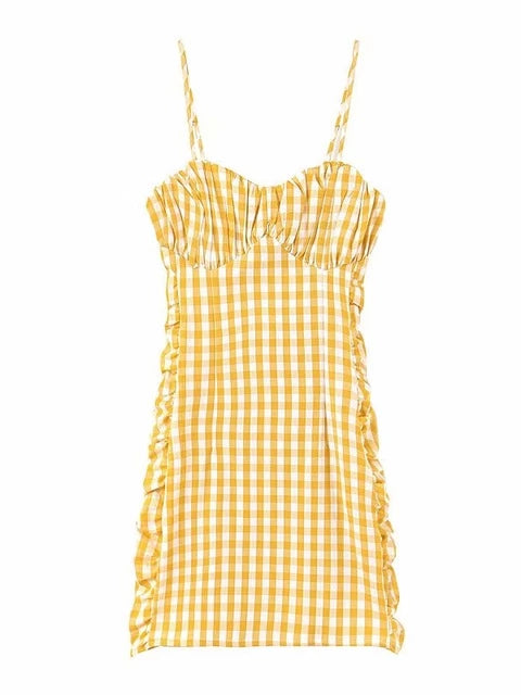 Bridgette Cottage Bodycon Ruched Yellow Plaid Dress | VYEN