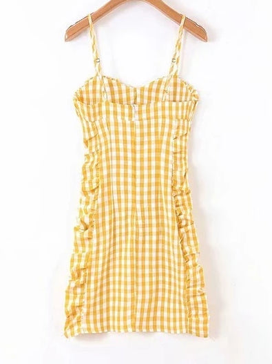 Bridgette Cottage Bodycon Ruched Yellow Plaid Dress | VYEN