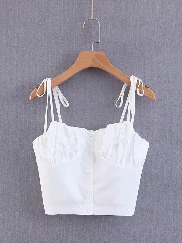 Julia Button Front Cami Top with Tie Straps in White | VYEN