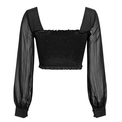 Double Take Shirred Body Sheer Long Sleeves Top in Black- VYEN