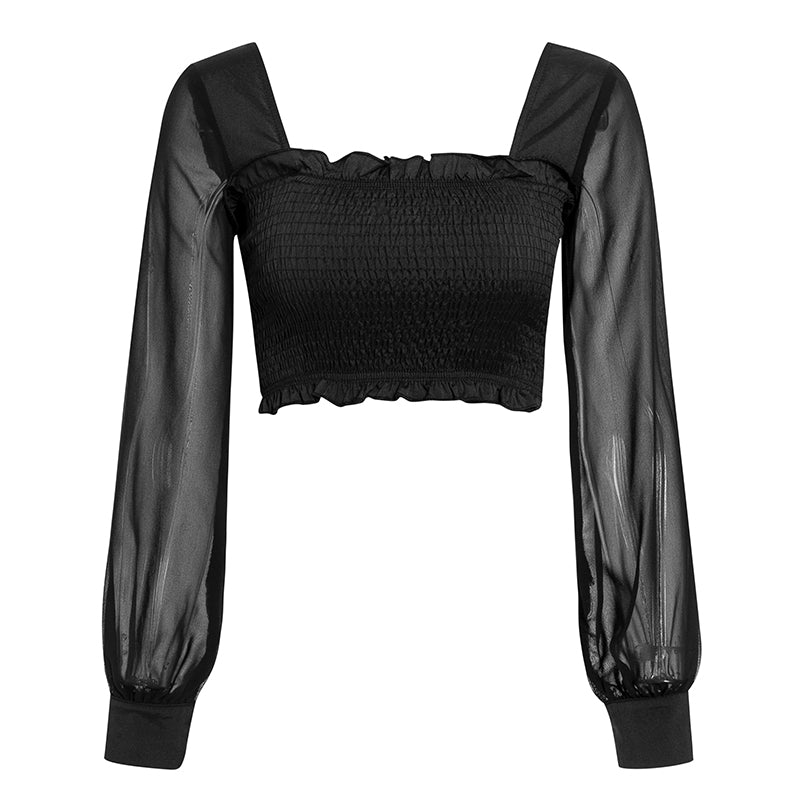 Double Take Shirred Body Sheer Long Sleeves Top in Black- VYEN