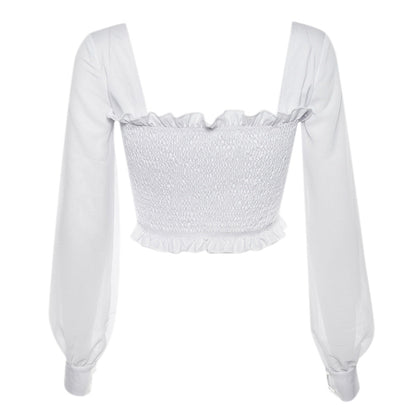 Double Take Shirred Body Sheer Long Sleeves Top in White  - VYEN