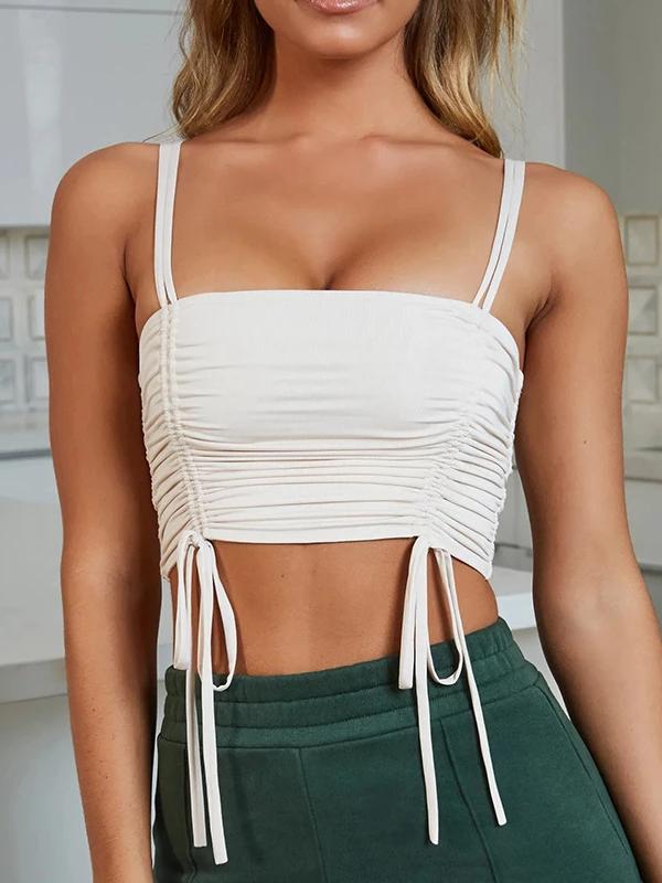 Double Trouble Slinky Ruched Drawstring Crop Top in White - VYEN