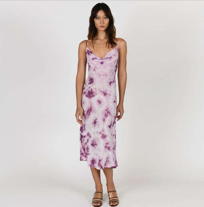 Dream Maker Cowl Neck Purple Tie Dye Midi Dress | VYEN