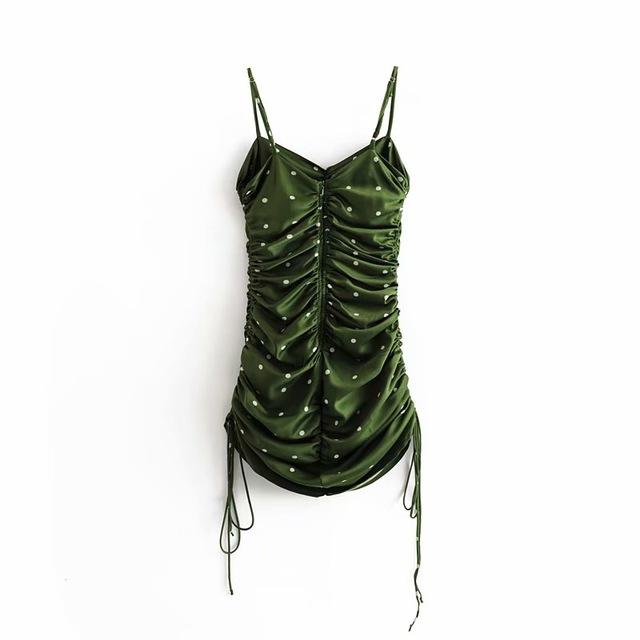 Emerald Green Ruched Satin Drawstring Midi Dress | VYEN