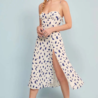 Evie Splash Blue Print Midi Dress with Side Slit - VYEN