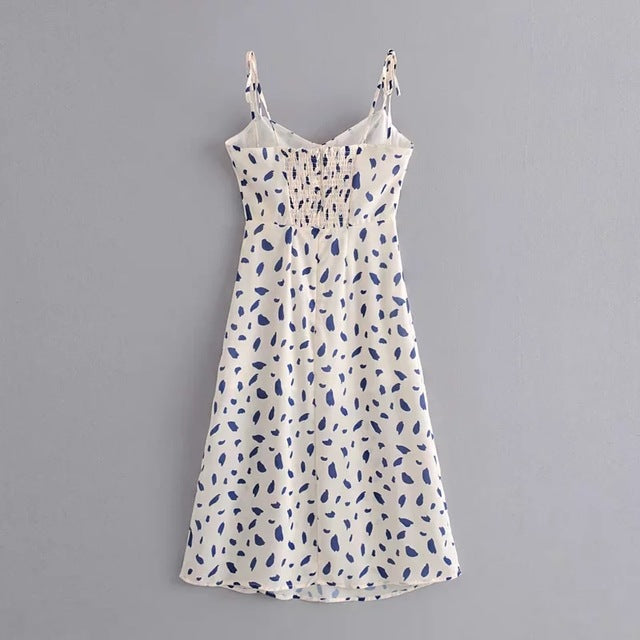 Evie Splash Blue Print Midi Dress with Side Slit | VYEN