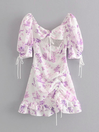 Field of Lilacs Country Core Ruched Lantern Sleeves Dress- VYEN