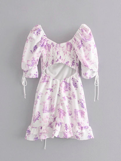 Field of Lilacs Country Core Ruched Lantern Sleeves Dress - VYEN