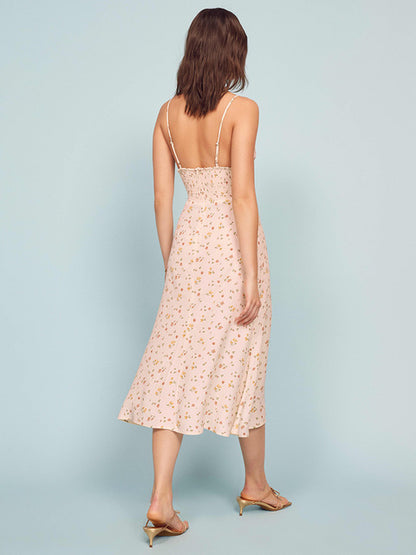 Ariel Floral Midi Dress with Plunging V Neck in Cream | VYEN