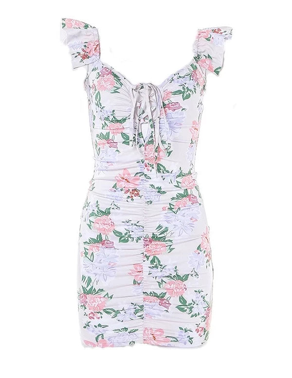 Floral Bodycon Ruched Dress with Lace Up and Frill Shoulder Caps - VYEN