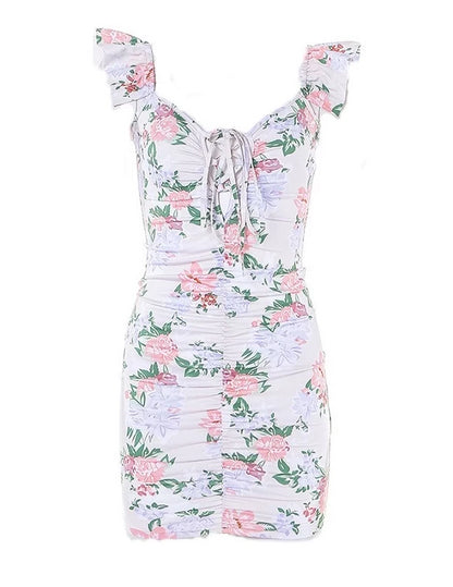 Floral Bodycon Ruched Dress with Lace Up and Frill Shoulder Caps - VYEN