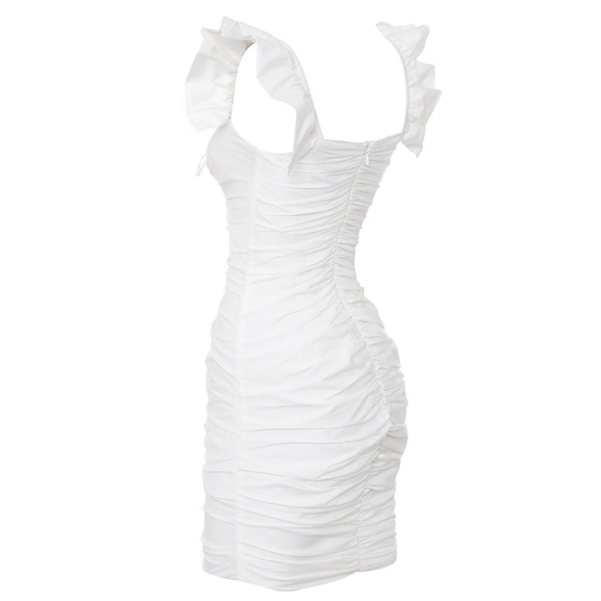 Gigi Bodycon Ruched Dress with Frill Shoulder Caps in White | VYEN
