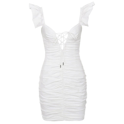 Gigi Bodycon Ruched Dress with Frill Shoulder Caps in White | VYEN