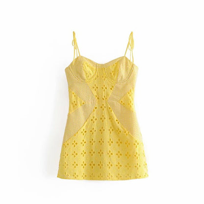 Lemon Drop Embroidery Hollow Lace Yellow Mini Dress | VYEN