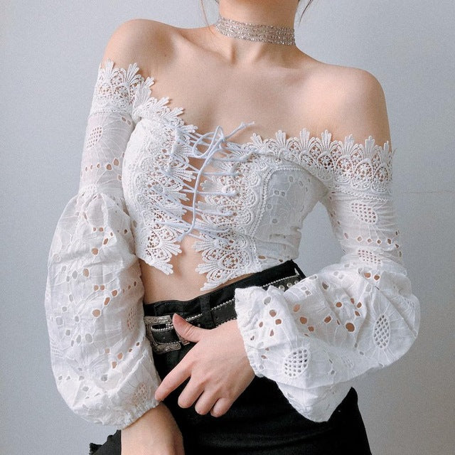 Love Hollow Lace  Off-the-Shoulder Crop Top in White - VYEN