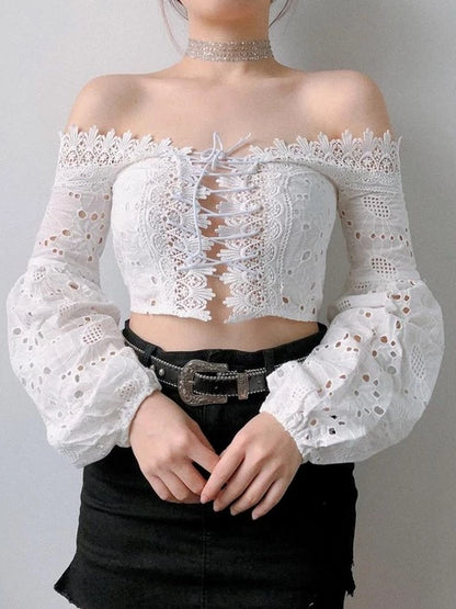 Love Hollow Lace  Off-the-Shoulder Crop Top in White- VYEN