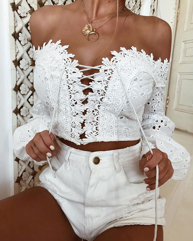 Love Hollow Lace  Off-the-Shoulder Crop Top in White | VYEN