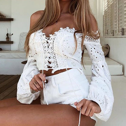 Love Hollow Lace  Off-the-Shoulder Crop Top in White | VYEN