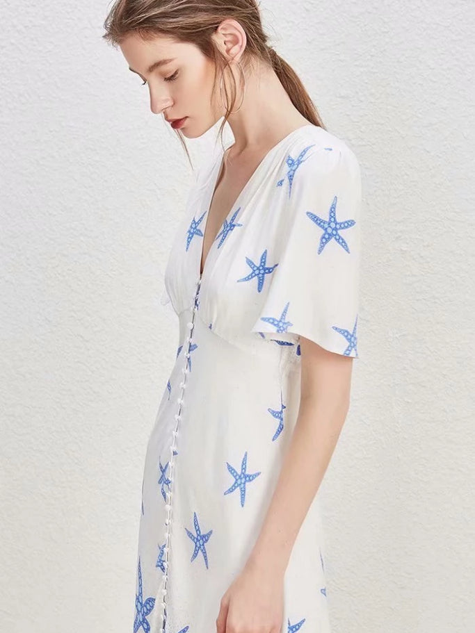 Mermaid Song Midi Slip Dress with Blue Starfish Print | VYEN