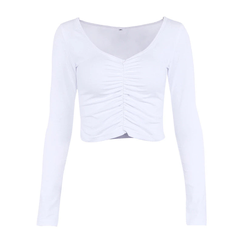 My Bella Ruched Front Long Sleeves Crop Top in White - VYEN