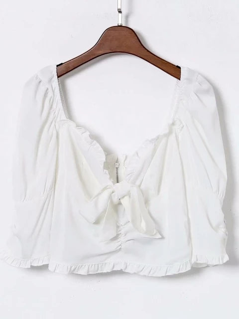 Twice the Daisies Front Bow Tie Crop Top in Cream | VYEN