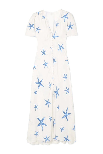 Mermaid Song Midi Slip Dress with Blue Starfish Print | VYEN