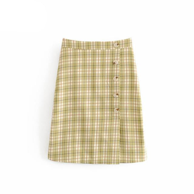 Valerie Green Plaid Skirt with Side Buttons- VYEN