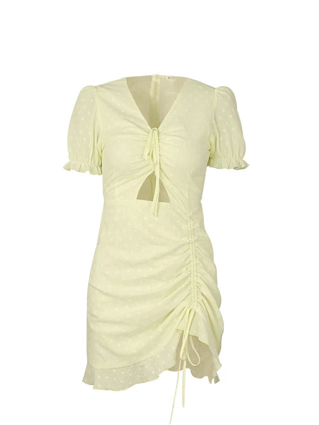 Yuzu Yellow Ruched Drawstring Mini Dress | VYEN