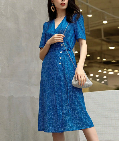 Parisian Wrap Midi Dress in Blue | VYEN