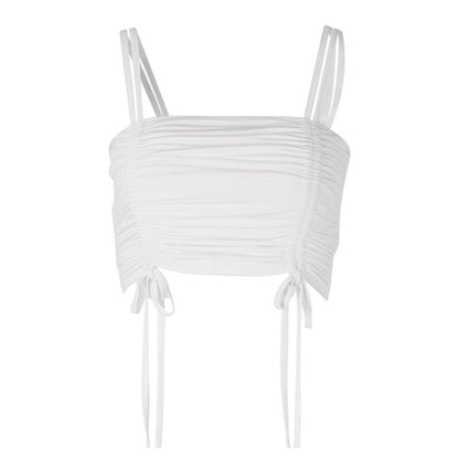 Double Trouble Slinky Ruched Drawstring Crop Top in White- VYEN