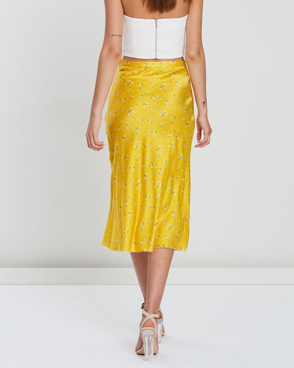Dahlia Floral Satin Midi Skirt in Yellow | VYEN