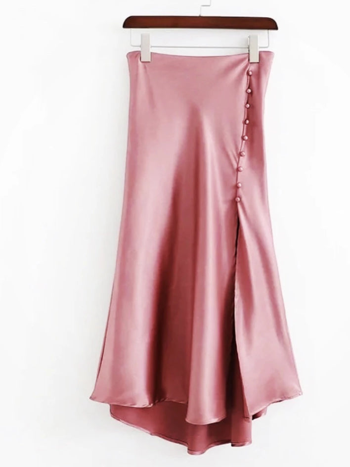 Adeline Pink Pearl Satin Midi Skirt | VYEN